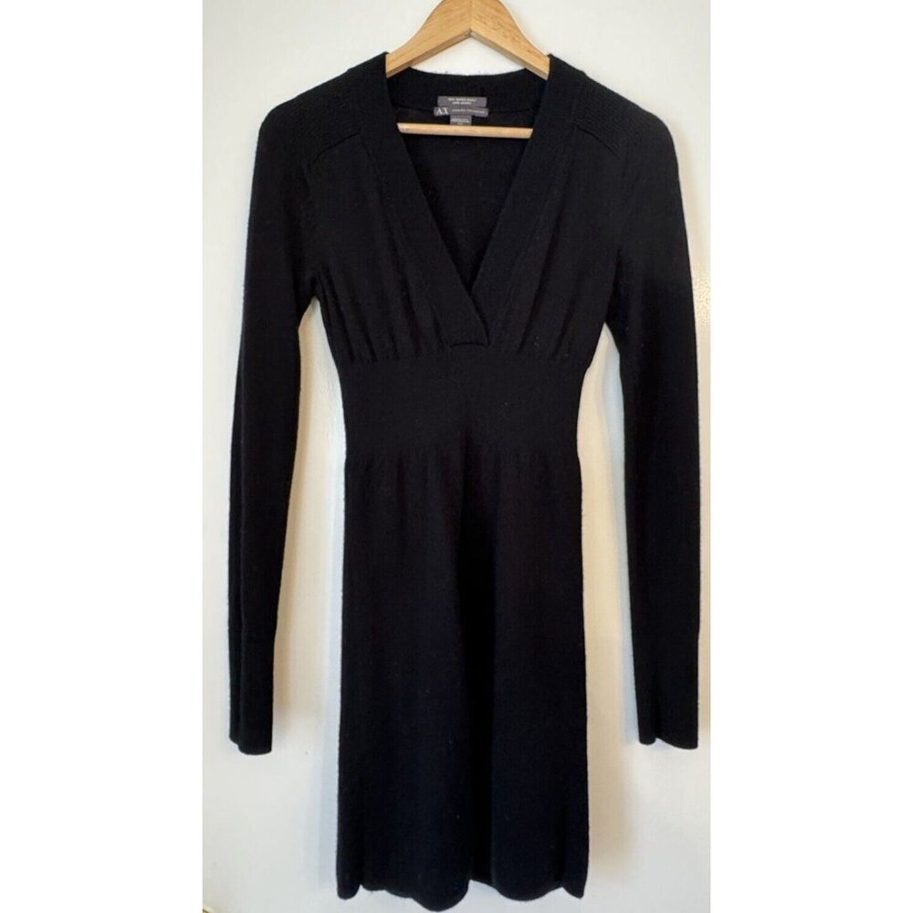 Armani Exchange 100% Merino Wool Laine Mini Long Sleeve Black Dress Medium